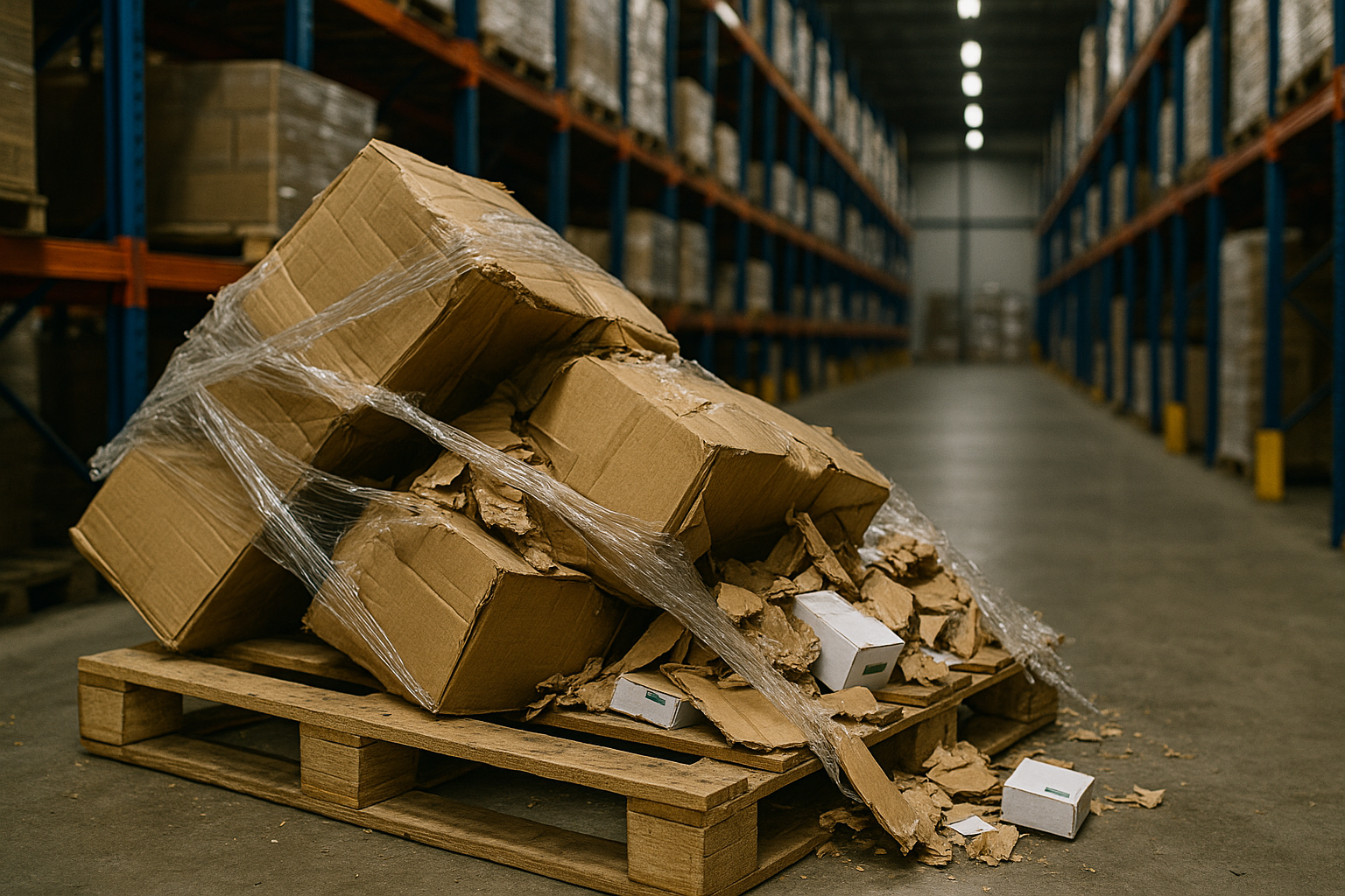 Beschädigte Fracht auf Palette im Lager